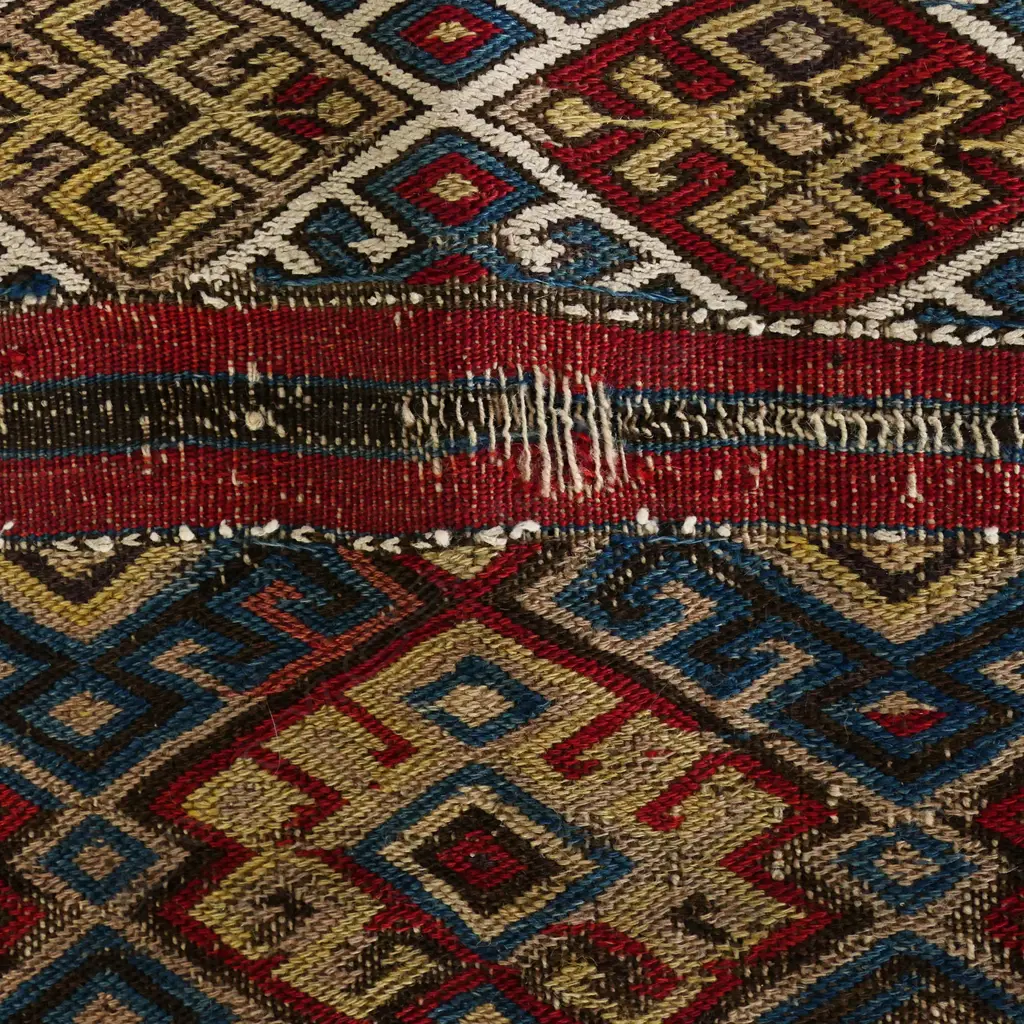 Bag face – wool, - flatweave - S E Anatolia - horizontal bands - hooked lozenge pattern. Some wear and damage commenserate with age. 151 x 92.5cm Image 1++